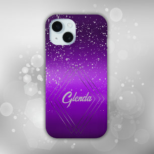 Coque Pour iPhone 15 Métal brossé violet moderne avec Monogramme argent