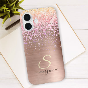 Coques iPhone 16 Métal Rose Gold, Paillettes, Nom en écriture et In