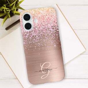 Coques iPhone 16 Métal Rose Gold, Paillettes, Nom en Écriture et Mo