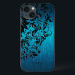 Case-Mate iPhone Case Métallique Turquoise Brossé Aluminium noir dentell<br><div class="desc">Elégante couleur bleu-vert turquoise métallique arrière - plan en aluminium brossé look dentelle florale noire. monogramme personnalisable. Plusieurs versions sur ce design avec une position de dentelle différente.</div>