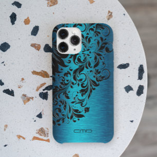 Coque Pour iPhone 14 Pro Métallique Turquoise Brossé en aluminium noir dent