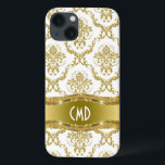 Etui iPhone 13 Métallurgique Or Et Blanc Vintage Damas Florales<br><div class="desc">Elégant or métallique et blanc orné de damas floral motif avec personnalisation et optionnel monogramme/nom.</div>