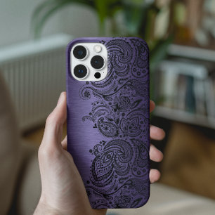iPhone 16 Pro Case Métallurgique Violet Avec Dentelle De Paisley Noir