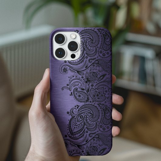 Coques Case-Mate iPhone Métallurgique Violet Avec Dentelle De Paisley Noir