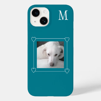 Coque Pour iPhone 14 Mignet Un Photo Chien Simple Initial Turquoise Ver