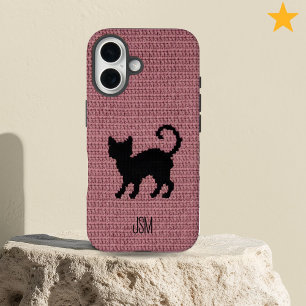 Coques iPhone 16 Mignon Chat Noir au Crochet avec Initiales Personn