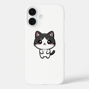 Coques iPhone 16 Mignon Chat Tuxedo Kawaii Personnage Debout