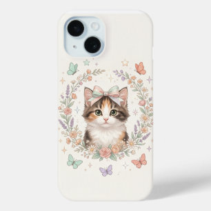 Coque Pour iPhone 15 Mignon Chaton avec Nœud Ruban et Fleurs de Printem