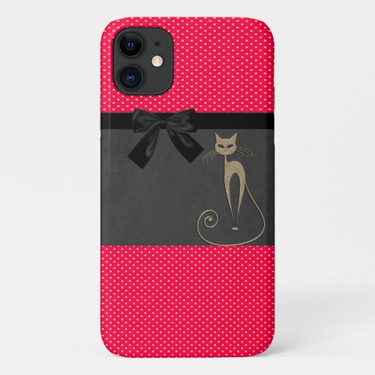 Coques Case-Mate iPhone Mignon Élégant Points Rouge Ruban Noir Chat (Dos)