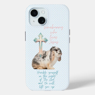 Coque Pour iPhone 15 Mignon lapin point bleu Bible croix pastel