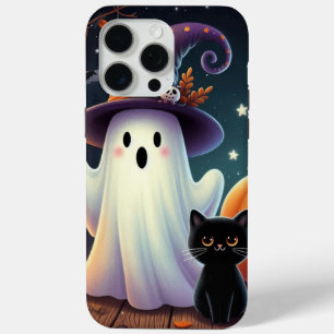 Coque iPhone 15 Pro Max Mignonne, citrouille d'Halloween, chat & fantôme