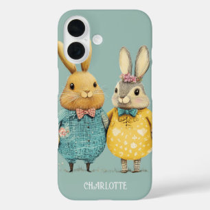 Coques iPhone 16 Mignonne couple lapin de Pâques personnalisé