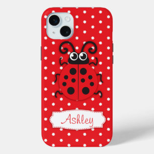Coque iPhone 15 Mini Mignonne filles coccinelle nom rouge