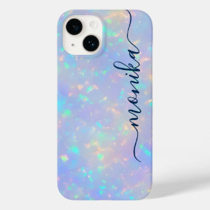 Coque Pour iPhone 14 Mignonne Girly Luxe Marine Blue Holographic Monogr