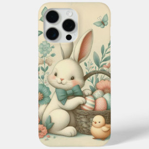 Coque iPhone 15 Pro Max Mignonne, Vintage lapin de Pâques & poussin