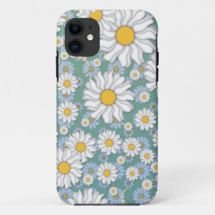 Coques Pour iPhone Mignonnes marguerites blanches sur fond sarcelle p