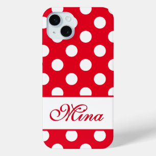 Coque iPhone 15 Mini Mina - Modèle Pour Votre Nom, Gros Pois Rouge