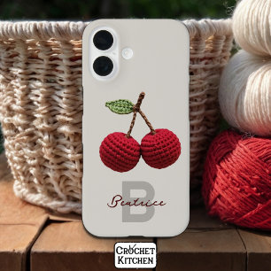 Coques iPhone 16 Mini-Crochet rouge cerise Nom du monogramme
