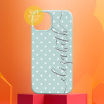 Coque Pour iPhone 14 Mini Pois avec script gris nom pastel turquoise<br><div class="desc">Un design féminin et girly polkadot avec un nom dans une police calligraphique manuscrite. Le nom est une grande signature sur le côté de la couverture avec un petit motif de pois doux dans l'arrière - plan. Vous pouvez modifier la couleur en cliquant sur la zone de personnaliser et en...</div>