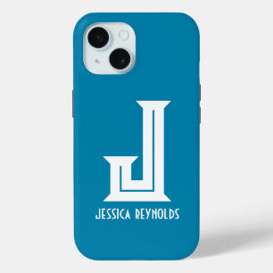 Coque Pour iPhone 15 Minimal Monogram Sarcelle