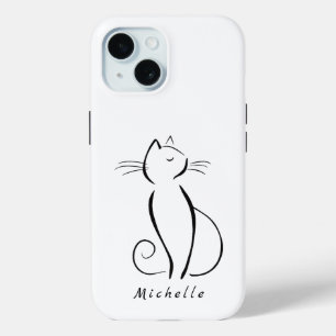 Coque Pour iPhone 15 Minimaliste Chat noir sur blanc Ajouter un nom