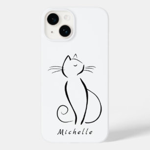 Coque Pour iPhone 14 Minimaliste Chat noir sur blanc Ajouter un nom