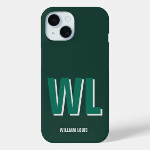 Coque Pour iPhone 15 Minimaliste Monogramme Vert Émeraude Personnalisé
