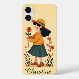 Coques iPhone 16 Plus Minimaliste Retro Girl Floral Mod 60s Cadeau d'art