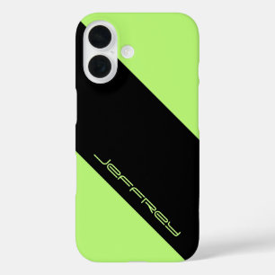 Coques iPhone 16 Minimaliste simple néon vert et noir avec nom