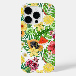 Coque Pour iPhone 14 Pro Mix-fruit tropical, fleurs et feuilles sur blanc