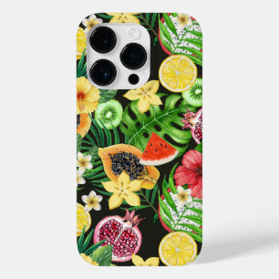 Coque Pour iPhone 14 Pro Mix-fruits tropicaux, fleurs et feuilles en noir