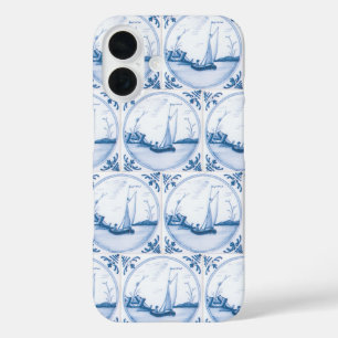Coques iPhone 16 Modèle de carreau vintage Delft bleu blanc Voilier