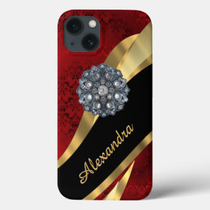 iPhone 13 Coque Modèle de damas rouge très élégant