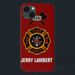 Coques Pour iPhone Modèle du nom de l'insigne du service d'incendie<br><div class="desc">Logo du service d'incendie avec numéros personnalisables. Idéal pour les pompiers et les premiers intervenants. Cliquez sur customiser pour changer la couleur de l'arrière - plan du rouge du moteur d'incendie à autre chose. Personnalisez avec votre propre nom.</div>