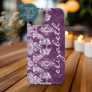 Coque Pour iPhone 14 Modèle et nom de Damas Vintage de prune