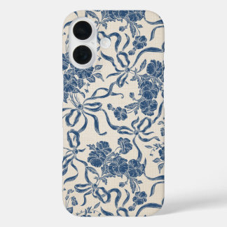 Coques iPhone 16 Modèle floral bleu de la marine Vintage moderne