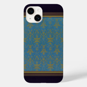 Coque Pour iPhone 14 Modèle Floral Bleu Et Or