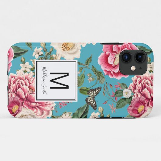 Coques Case-Mate iPhone Modèle floral bleu Turquoise monogramme (Dos (Horizontal))