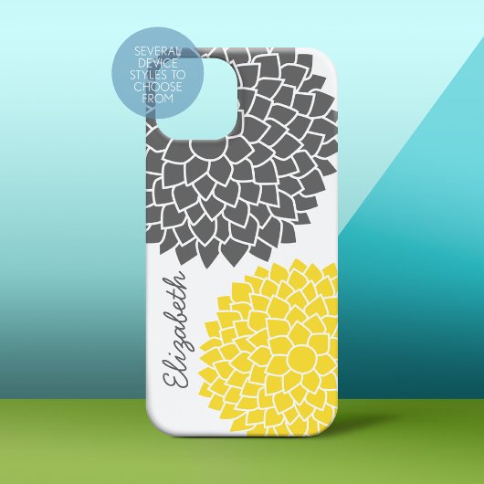 Coques Case-Mate iPhone Modèle floral moderne - gris et jaune