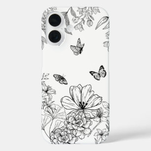 Coques iPhone 16 Modèle floral noir et blanc minimaliste moderne