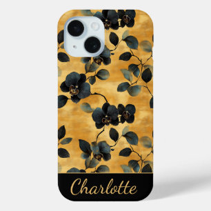 Coque Pour iPhone 15 Modèle floral noir & or élégant personnalisé
