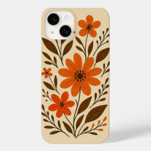 Coque Pour iPhone 14 Modèle Floral Orange Rétro