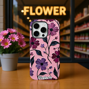 Coques iPhone 16 Pro Modèle floral texturé avec fleurs violettes