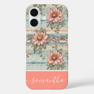 Coques iPhone 16 Modèle Floral Vintage Classé Peach Nom personnalis