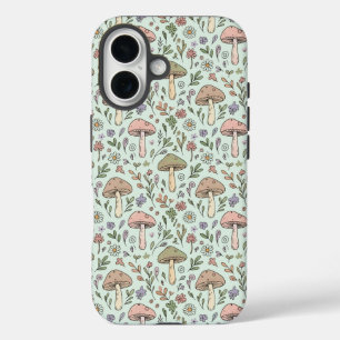 Coques iPhone 16 Modèle sans couture Cottagecore de champignons ver