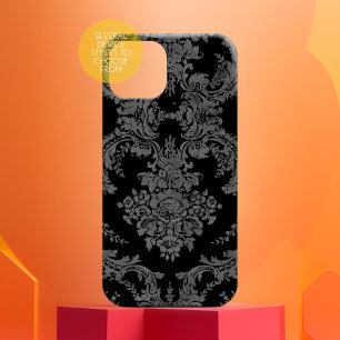 Coque iPhone 15 Pro Max Modèle vintage Grungy Damask - gris et noir
