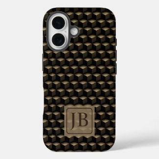 Coques iPhone 16 Modern 3D Monogram, Geometric Bronze Pattern
