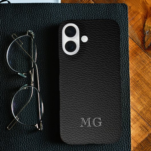 Coques Case-Mate iPhone Modern Black Faux Leather White Monogram Initials