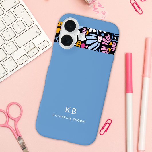 Coques Case-Mate iPhone Modern Elegant Blue Black Floral Pattern 