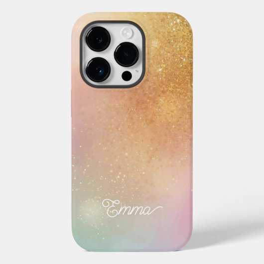 Coques Case-Mate iPhone Modern Glitter Holographic Gold with Name (Verso)